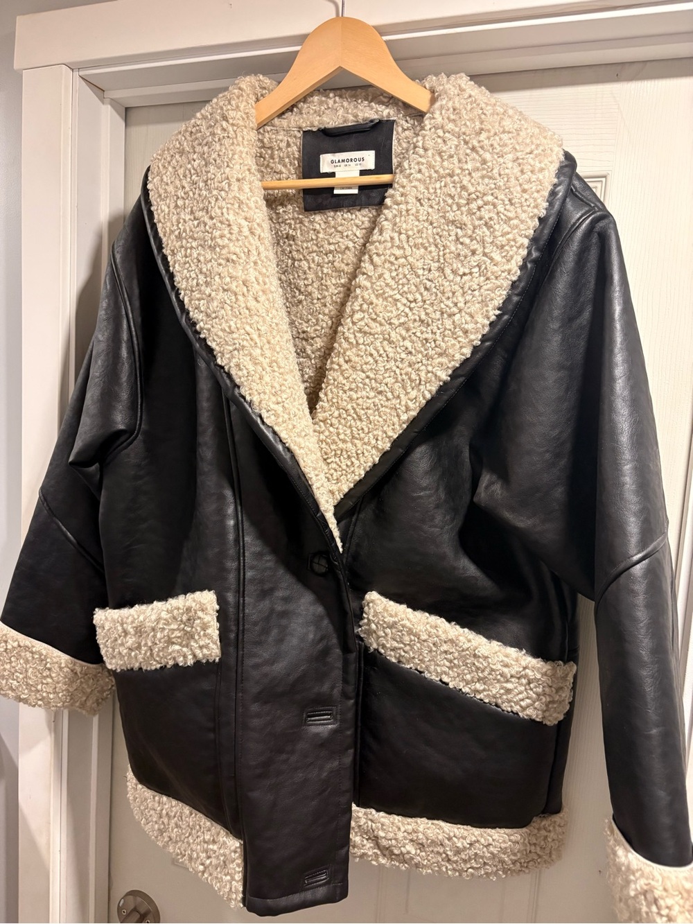 Glamorous Black Faux Leather Jacket with Cream Sherpa Trim